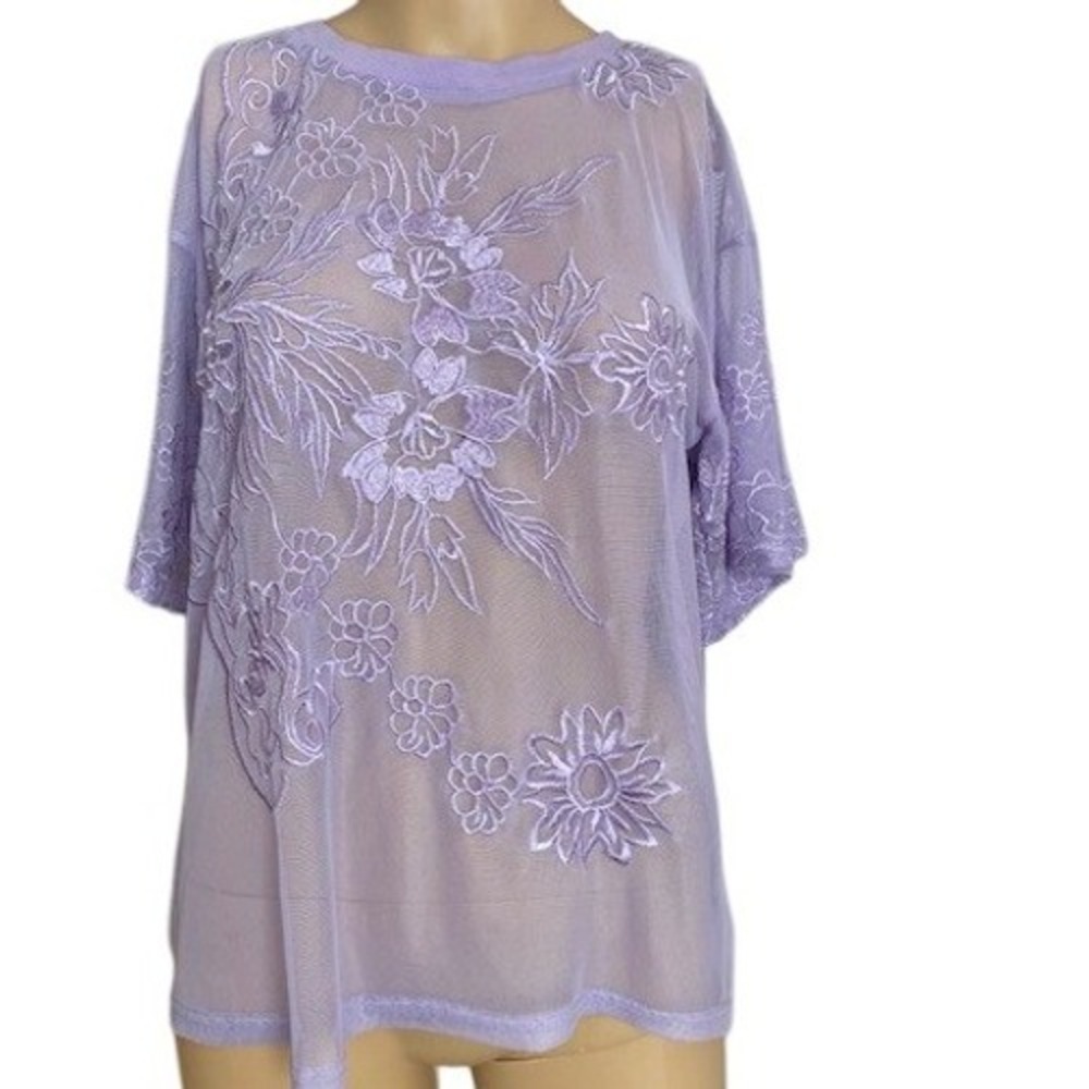 Lavender Embroidered Blouse Top Womens S Sheer Mesh Floral Purple Coquette Fairy